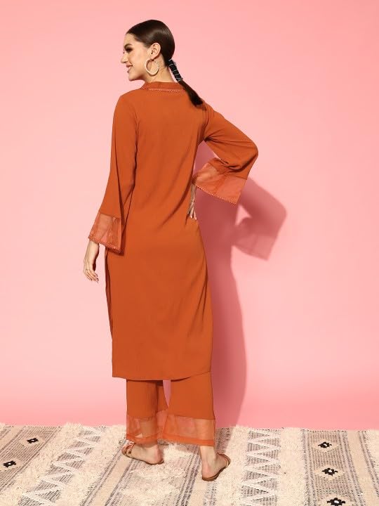Image of Varanga Women Straight fit Rust kurta with a tonal bottom, designed for comfortable casual and semi formal wear.