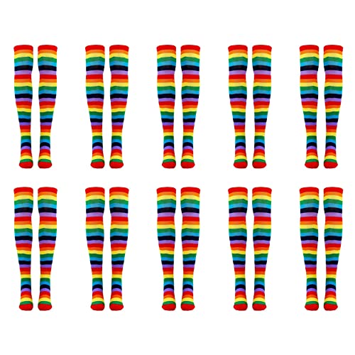 Youbones 20 calcetines de rayas arcoíris sobre la rodilla, disfraz de payaso a rayas, medias altas para Halloween, fiestas de cosplay