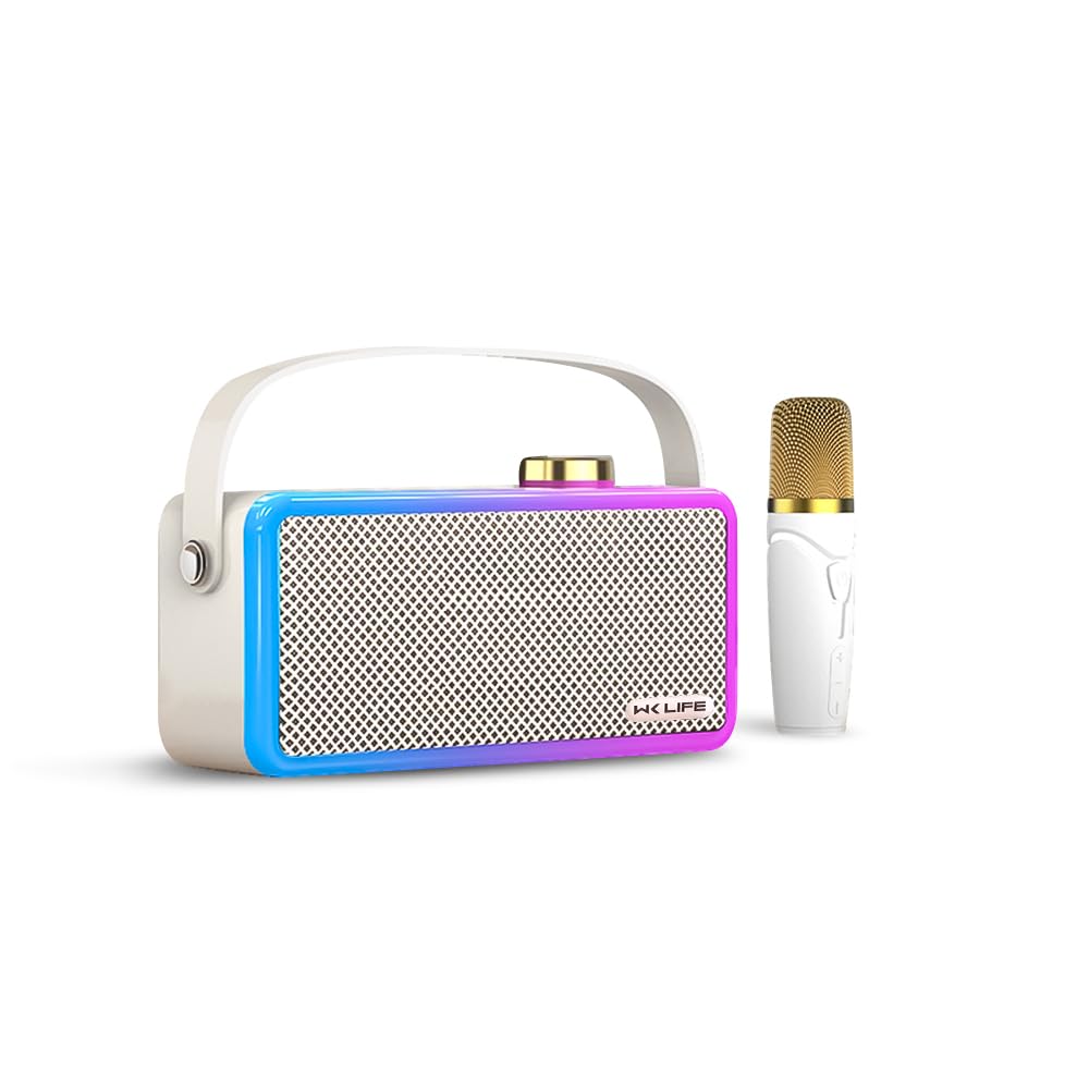 WK LIFE BORN TO LIVE- Bluetooth Speaker 16W Wireless Portable 3000mah Battery Stereo Party Speakers LED Lights,Karaoke for Adults Kids with Wireless Microphones, Support TF/USB/AUX for Outdoor- White
