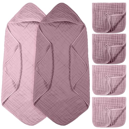 Image of VitalCozy 6 Pcs Baby Muslin Hooded Bath Towels and Washcloths, Muslin Hooded Baby Towels Absorbent Blankets for Gift Newborn Infant Shower (Mauve,Peach Pink)