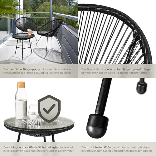 tectake® Set 2X Stuhl 1x Beistelltisch Acapulco, Gartenstuhl, Gartenstühle im Retro Design, Indoor und Outdoor Sessel für Garten, Wintergarten, als Terrassenstühle oder Balkon Sessel - schwarz 5