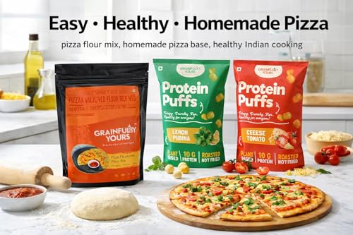 Image of Grainfully Yours Healthy Pizza & Protein Snack Combo - Pizza Flour Mix, Protein Puffs Lemon Pudina & Cheesy Tomato, Plant-Based, High Protein, Roasted Snacks, No Preservatives, No Refined Flour