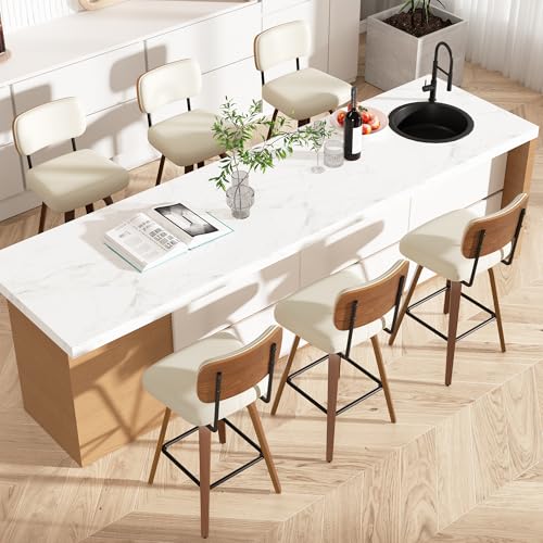 Image of Swivel Bar Stools Set of 6, 26 inch Upholstered Faux Leather Counter Height Barstools with Walnut Back & Bentwood Legs, Mid Century Modern Bar Chairs Island Stools for Kitchen Counter, Cream White