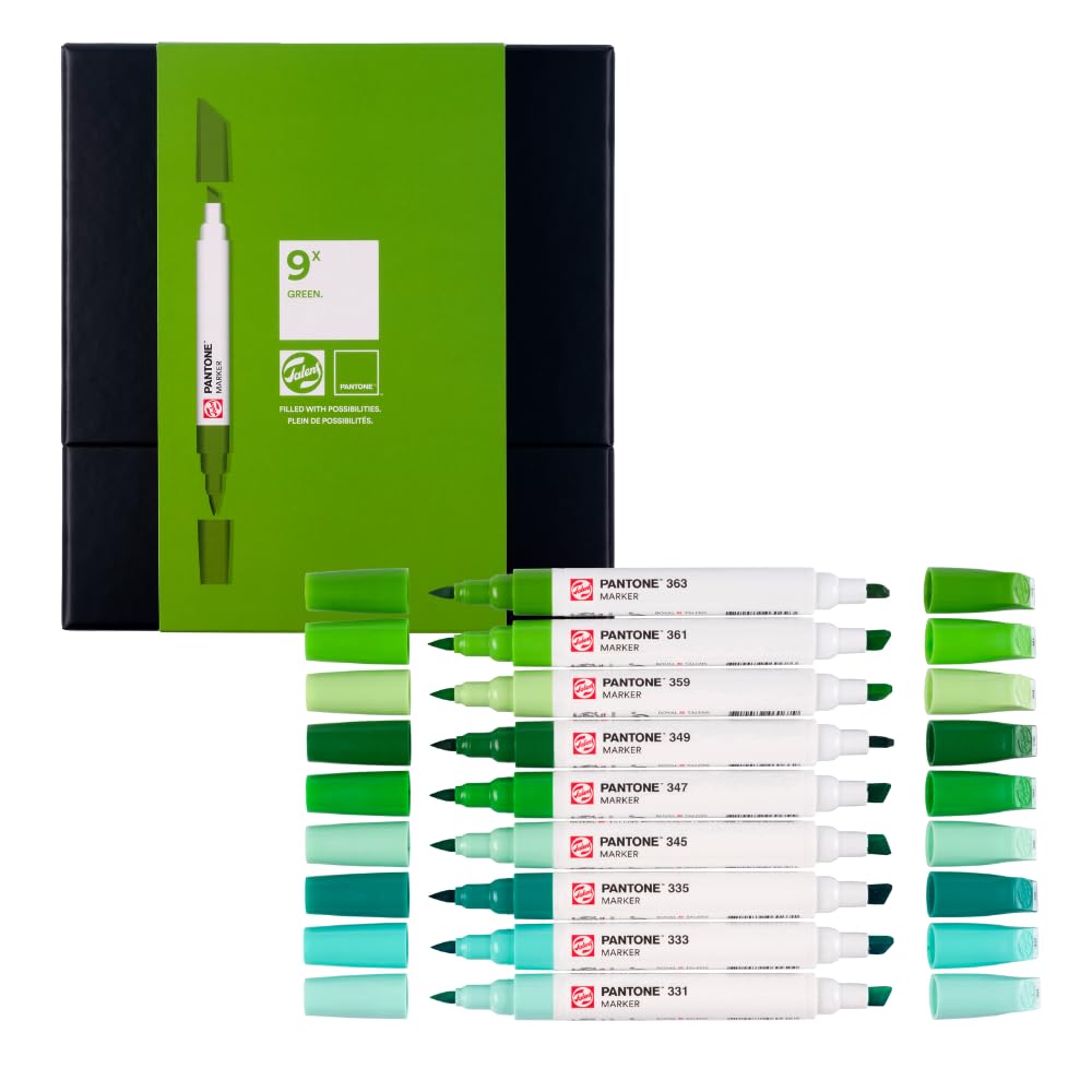 Talens | Pantone Set di 9 Marcatori Green | Penna a Doppia Punta con Pennello e Punta a Scalpello | Inchiostro Pigmentato a Base d'Acqua nei Colori Pantone