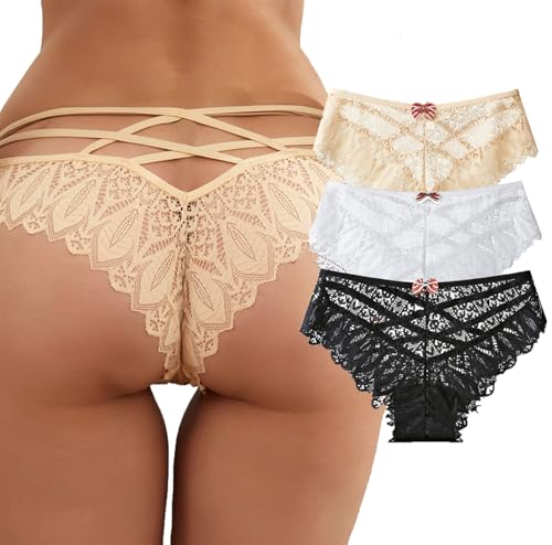 Image of Womens Sexy Thongs Lace Panties Underwear Low Rise Plus Size Underpants Pack of 1-3