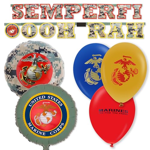 Image of U.S. Marines Party Decorations! Deluxe Bundle includes a Semper Fi Banner, 6 Latex Balloons and 6 Round Mylar Balloons - Officially Licensed. by Havercamp