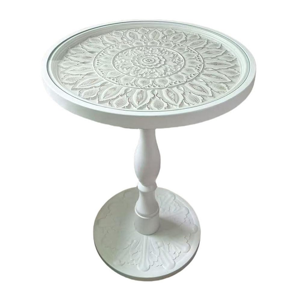 ZTHYSHOZ Coffee Table Vintage Carved Round Table Glass Sofa Side Leisure Coffee Roman Column(White,Small)