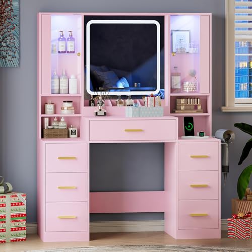 Image of HUANLEGO Makeup Vanity Desk with Mirror and LED Lights for Girls, Pink | Farmhouse Dressing Table Set for Women, LED Glass Cabinet, 7 Drawers, Power Outlet, Hair Dryer, 3 Lighting Modes