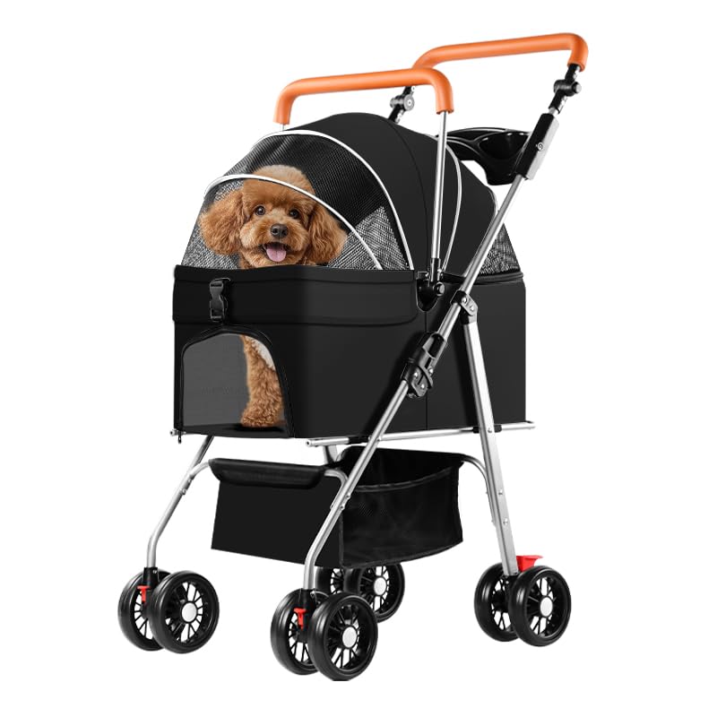 Simcat Pet Stroller for Small Dogs Cats, Foldable Cat Dog Pram for Medium Dogs with 360 ° Wear-Resistant Rubber Wheels Dog Travel Carrier (Black)