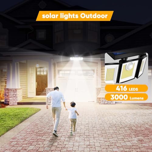 Image of MDCMDCM Solar Lights Outdoor Waterproof Motion Sensor - 416 LEDs 3000 Lumens Super Bright 3 Brightness 3 Modes 360 Illumination 32ft Solar Flood Security Light for Outside (1, 13.7x4.3x5inch)