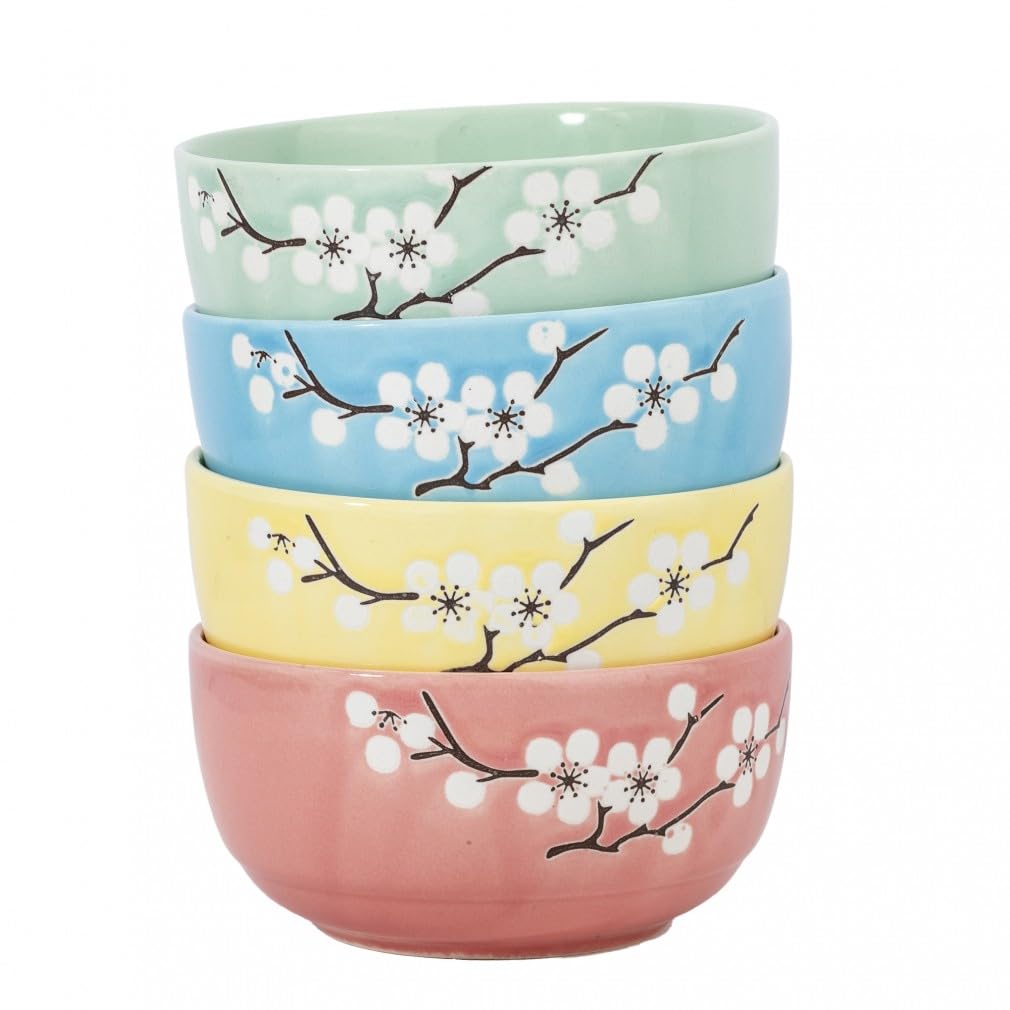 lachineuse - Set di 4 ciotole giapponesi Zen con fiori di ciliegio ⌀ 10,5 cm - Ciotole per riso, poke bowl, colazione e zuppa - 4 paia di bacchette - Ciotola giapponese asiatica - Regalo giapponese