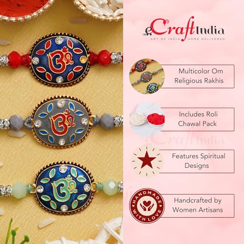 Image of eCraftIndia Set of 3 Pearl Diamond Rudraksha Designer Rakhis for Brother Bhaiya Bhai | Roli Chawal Pack | Raksha Bandhan Rakhi