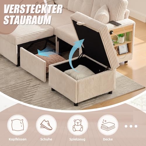 Canapé 3 Places Velours Convertible USB‑C/LED KOMHTOM
