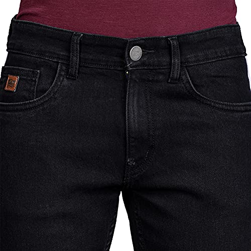Image of CAHOOT Men' Black Tapered Side Striped Stretchable Cotton Mid Rise Denim Jeans