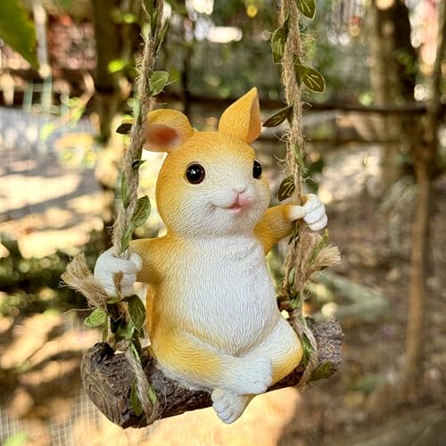 Image of HASTHIP Lovely Rabbit Car Ornament, Resin Rabbit on Swing Hanging Room Decor, Small Cute Bunny Figure Ornament with Hemp Rope, 10x13cm, 35cm Rope