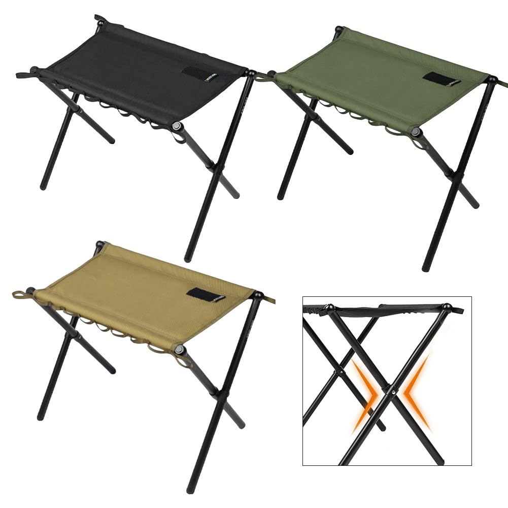 Przenośny składany stołek kempingowy dla dorosłych – tkanina Oxford 1000D, rama ze stopu aluminium, nośność 100 kg, 47 x 31 x 38 cm, 860 g, czarny/zielony/piaskowy zielony