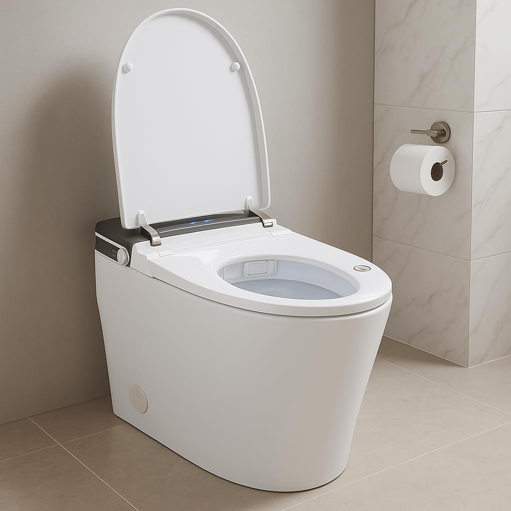 Smart Toilet with Built-In Bidet, Heated Seat, Warm Water and Dry, with Sensor and Temperature Display, Auto Flush, Auto Open & Close Lid, Wireless Remote Control