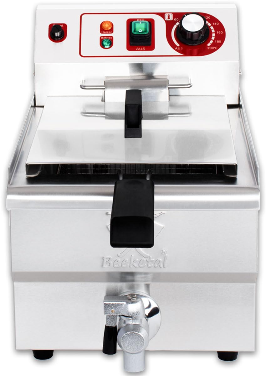 Beeketal BWF-101P Profi Gastronomie Kaltzonen Fritteuse 10 Liter Edelstahl Doppelheizspirale Temperaturkontrolle Fettablaufhahn