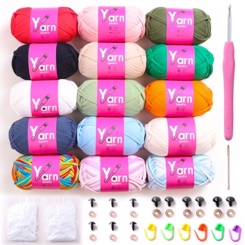 Image of 15 Pack Crochet Yarn Beginner - Black White Orange Red Green Rainbow Hot Pink Yellow Cotton Chunky Yarn - with Easy-to-See Stitches Beginner Yarn for Crocheting (15 * 50g)