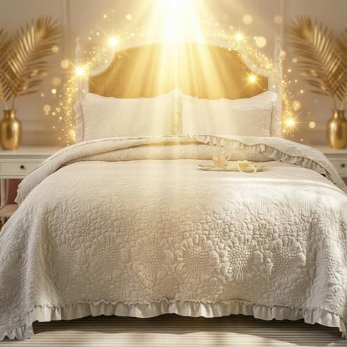 Image of BOV King Size Ruffle Quilt Set Gray, Vintage Farmhouse Bedspread with Pillow Shams, Lightweight Cottage Style Bedding for French Country & Shabby Chic Bedrooms, 106x96 Inches