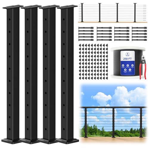 CKE 15ft-20ft Complete Set 36' Cable Railing Post Kit, 4Pack Black Level Drilled Line Posts(35'x2'x2'), Swageless Deck Cable Railing System Kit, 250ft 1/8' Wire Rope(No Handrail), Black Post Kit LPS02