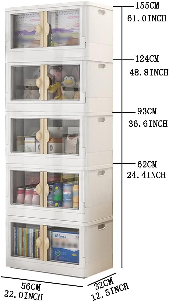 Stackable Under Bed Storage Container, Foldable Clear Storage Box with Portable Handle, Multifunctional Storage Cabinet, Heavy Duty Hand Truck (Beige 56x32x93cm)