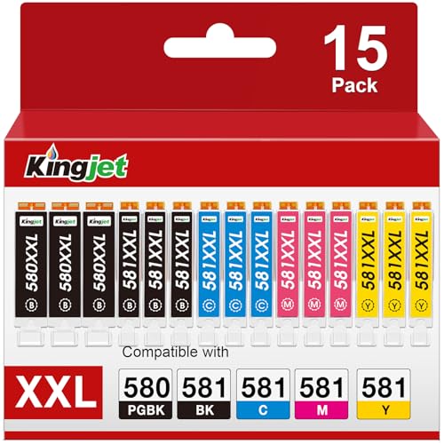 KINGJET 580 581XXL Ink Cartridge Replacement for Canon 580 & 581 ink cartridges for TS705 Ink Cartridges for Pixma TS6350 TS6250 TS8250 TS6351 TS6251 TS705 TS8550 TS6250 TS8500 TS8252 TS9150 (15 Pack)