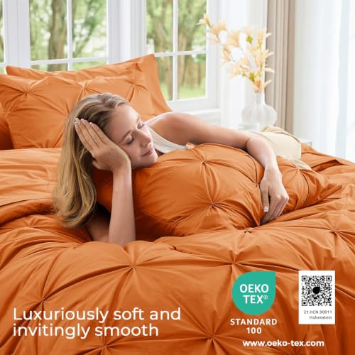 Image of Sasttie King Size Comforter Set, 7-Piece Bed in a Bag, Pintuck Bedding Set for All Season, Includes Comforter, Flat Sheet, Fitted Sheet, Pillowcases and Pillowshams, Coral Orange