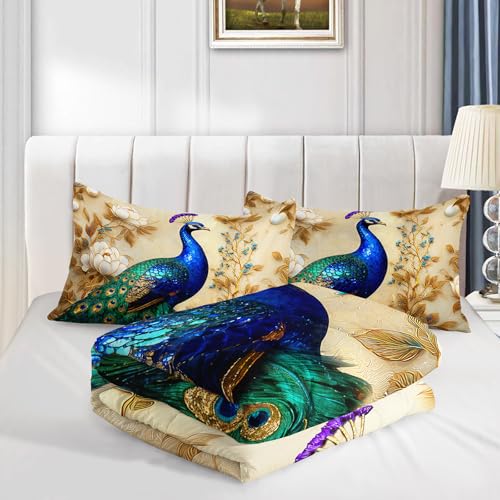 Image of AILONEN Peacock Gold Floral Luxury Print Bedding Sets Twin Size,Beautiful Garden Birds Comforter Set for Girls Women Bedroom Decor,3-Piece, 1 Quilt and 2 Pillowcases