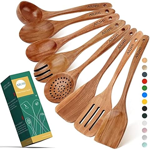 Wood Spoons for Cooking,Nonstick Kitchen Utensil Set,Wooden Spoons Cooking Utensil Set Non Scratch Natural Teak Wooden Utensils for Cooking(Teak 8 Pack) Cover