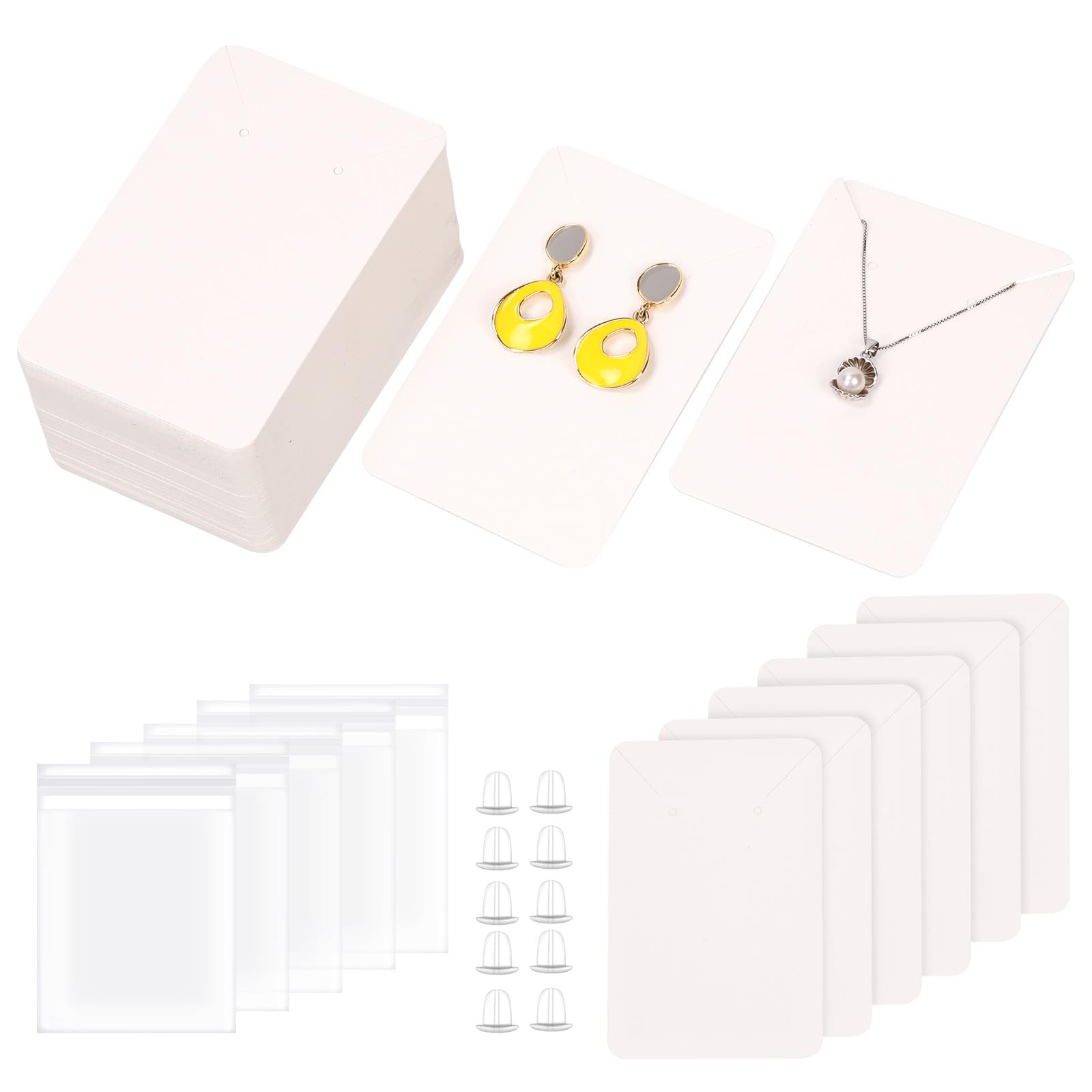 Tanstic 300Pcs Earring Cards with Earring Backs and Self-Sealing Bags Kit, 2.36 x 3.54 Inch Earring Card Holder, Earring Packing Cards for Earring Necklace Jewelry Display(White)