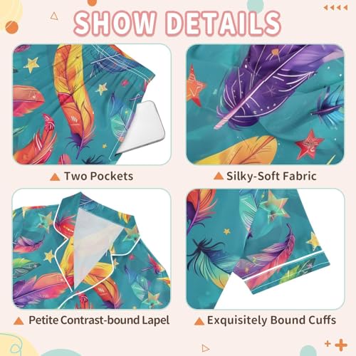 Rainbow Feather Pajamas Set Summer Button Down Sleepwear Pjs Sets Comfy Loungewear3