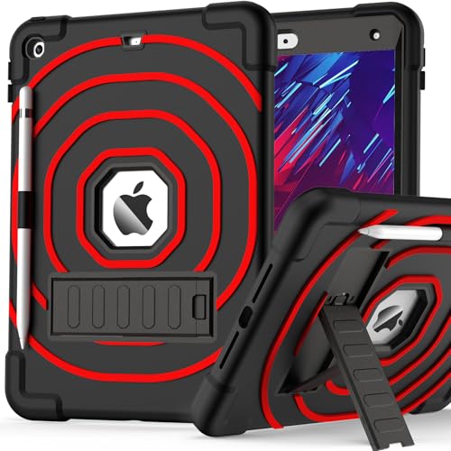 SIBEITU for iPad 9th Generation Case 10.2-inch 2021 with Pencil Holder & Built-in Kickstand, Heavy Duty Rugged Protective Case for iPad 9th/ 8th/ 7th Generation 2021 2020 2019 (Black+Red)