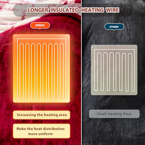 JKMAX Heated Electric Blanket Queen Size - 84"x90" Flannel Heating Blanket with 10 Heating Levels & 5 Time Settings Over-Heat Protection, Winter Warmer for Adults with ETL Certification(Red)