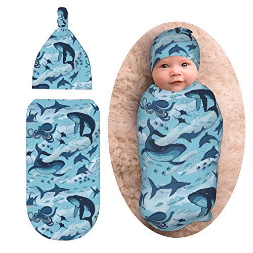 Image of Sea Waves Dolphins Sharks Whale Octopus Newborn Swaddle Blankets Baby Wrap Baby Receiving Blanket Soft with Beanie Hat Sets Gifts for Infant Boy Girl Baby Shower