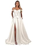 Fu Jiang Women's Off The Shoulder Satin Prom Dresses with Slit A Line Pleated Corset Formal Evening Gowns with Pockets