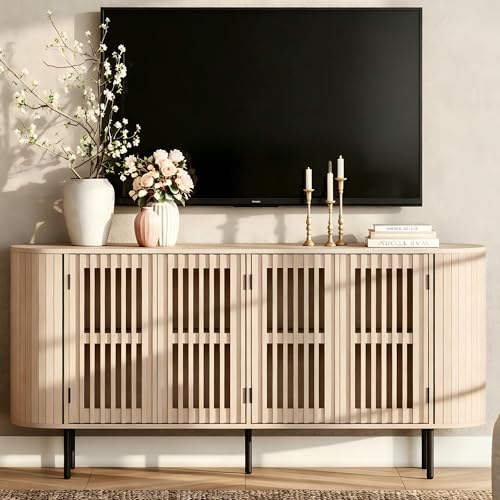 WAMPAT Mid Century Modern TV Stand for 70" TV, Tall Wood Entertainment Center with Storage, Fluted TV Stand with Pop-up Doors for Living Room, Bedroom, Natural