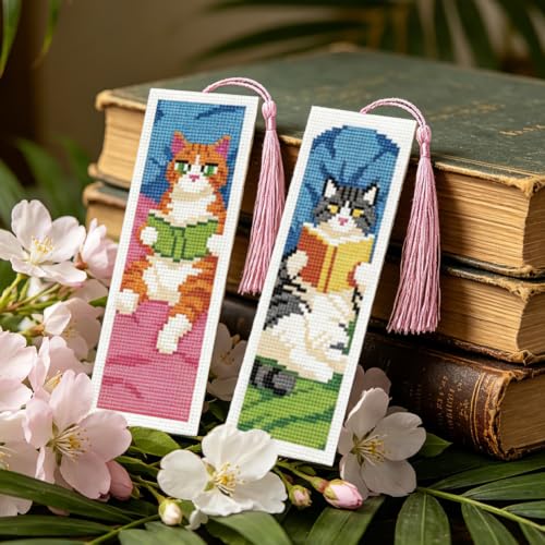 Image of ACRNIGHEET 6PCS Cross Stitch Bookmark Kit for Beginner Stamped Cross Stitch Kits for Adults Cute Reading Cat DIY Tassel Embroidery Bookmark Kits Needlepoint Kit with Instructions Gift 8.5''x3'' 11CT