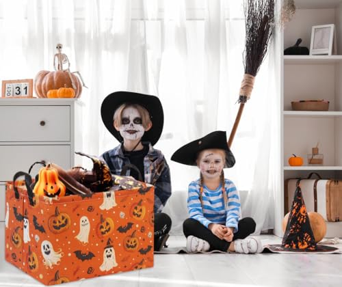 Image of Rectangular Halloween Basket for Boys and Girls Kids Trick or Treat Pumpkin Basket for Halloween Parties Cute Storage Bin Organizer Box Room Decor(Yellow Pumpkin Ghost)