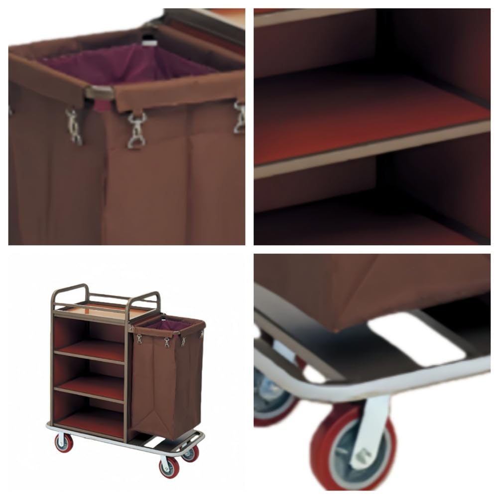 Carro de Limpieza, Carrito Comercial con 4 Ruedas y Compartimentos de Almacenamiento, para Limpieza de oficinas y hoteles, Resistente, Color marrón.