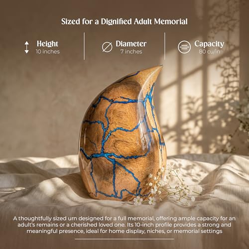 Image of Wooden Teardrop Cremation Urns for Human Ashes - 80 Cubic Inches Funeral Memorial Urn for Adult Women & Men - Blue Decorative, Burial Urn for Male or Female Memorial Display