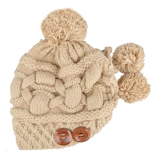 BIBITIME Knitted Beanie Hat Cross Stripes Cable 3 Pom Balls Women Handmade Cap (Medium, Beige)