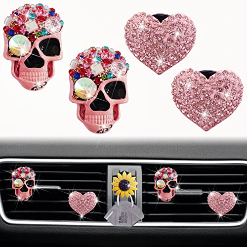 Image of Pink Heart & Skull Air Vent Clips - 4 Pcs Diamond Car Interior Decor, Bling Skeleton Air Fresheners, Vents Clips, Funny Car Accessories + Sunflower Mask Hook