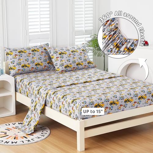 Image of Viviland 3 Pieces Boys Grey Truck Twin Sheet Set - Soft Microfiber Fitted Flat Sheets & Pillowcase Bed Sheet Set - Heavy Duty Vehicle Print Bedding Sets for Kids