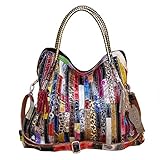 Women’s Multicolor Boston Bag Genuine Leather Colorful Large Tote Handbag Purse (Colorful-Big)