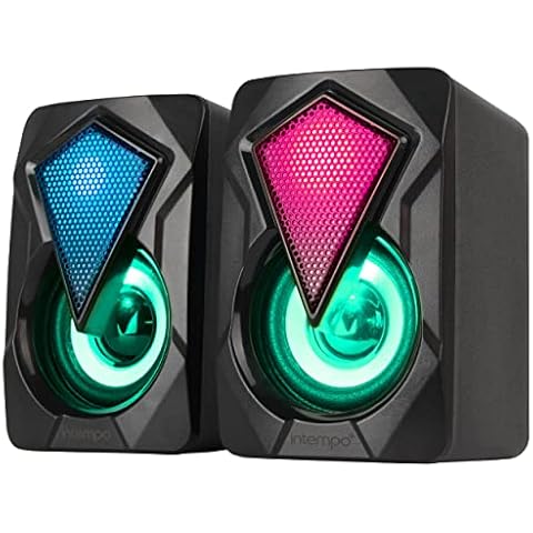 INTEMPO EE6397BLKSTKEU7V2 RGB Gaming Speaker Set With 7 LED Colour Changing Lights, 3W, 10m Wireless Range, Ideal As Portable Audios, Karaoke Speakers & Online Gaming, 6.5 l x 7.5 w x 10.1 h cm Cover