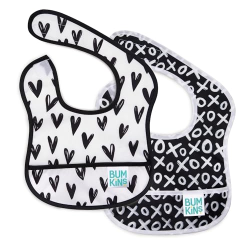 Image of Bumkins Bibs, for Baby Girl or Boy, Infant 3-9 Months, Essential Must Have for Eating, Feeding, Baby Led Weaning, Mess Saving Waterproof Soft Fabric, Starter Bib 2-pk Hearts, XOXO Black and White