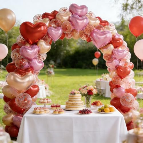 Image of Pink Red Gold Heart Balloons Party Decorations, Heart Shaped Foil and Latex Balloon Decorations Set for Girls Women Anniversary, Valentines, Wedding, Engagement, Baby Shower, Birthday Party Supplies