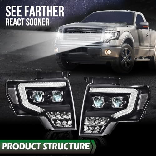 Image of GRAND ORANGE LED Headlights Assembly, Compatible with Ford F150 2009 2010 2011 2012 2013 2014 LED Tube Dual Projector Headlights Assembly with Switchback(Clear lens Black Housing Clear Reflector)