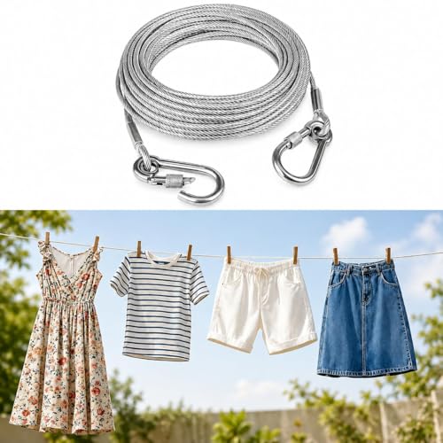 Image of Premium Stainless Steel Clothesline Rope 5M - Heavy-Duty Rust-Proof Drying Line with Carabiner Hooks for Balcony, Travel, Camping, Dorm & Home Use